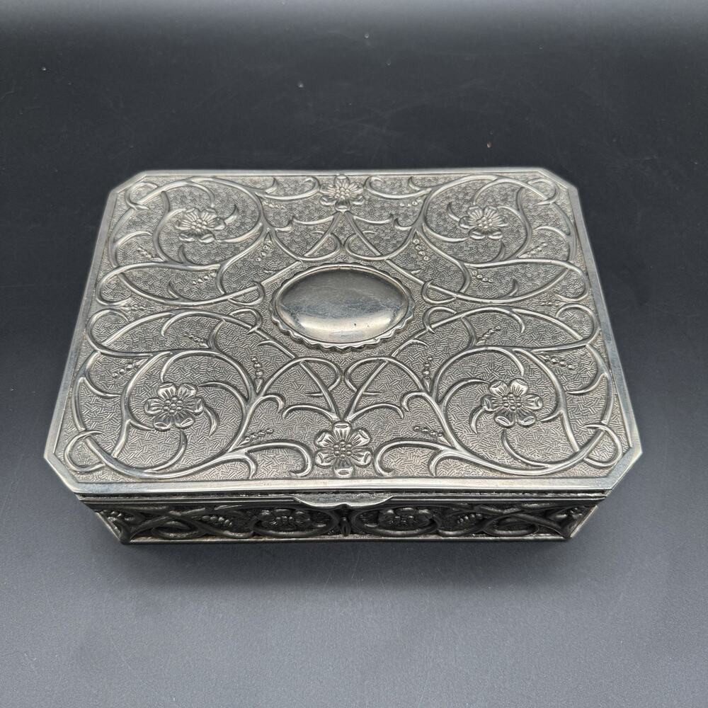 1900s Vintage Godinger Silver Plated Jewelry Box Red Velvet Interior 7”x9.5”